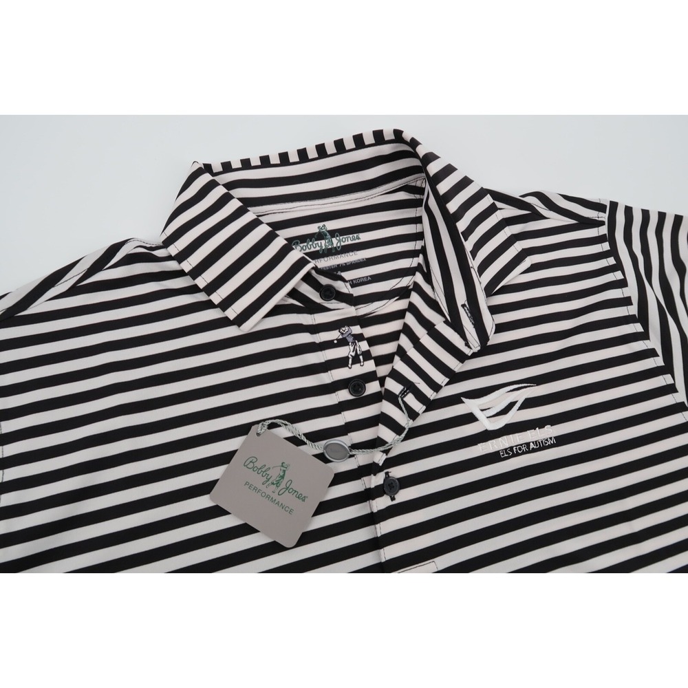 Bobby Jones Mens Medium Black Striped Performance Golf‎ PGA Tour Polo Shirt New